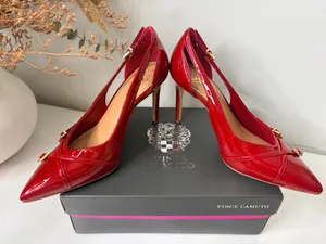 Vince Camuto Red Patent Pointed Toe Strappy Stiletto Heels Y2K Glam Edgy Chic 8M thumbnail 5