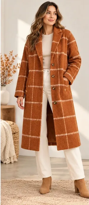 Old Navy Womens Long Windowpane Plaid Coat Rust Orange Boucle Overcoat Large thumbnail 1