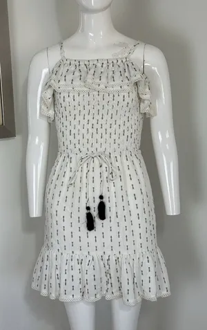 Lost + Wander Womens Size S White Boho Smocked Mini Dress Spaghetti Strap Tassel thumbnail 1