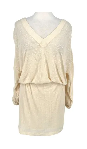 Free People Beach Bambi Mini Dress Ruched Sleeve V-Neck Ivory Cream Size Large thumbnail 1