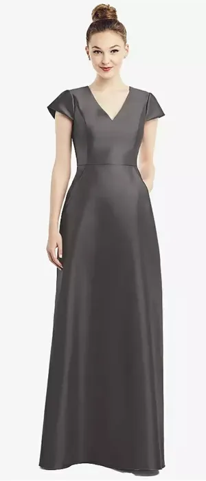 Alfred Sung D779 V-Neck Satin Cap Sleeve Pockets Cavier Gray Gown‎ Size 10 New thumbnail 1