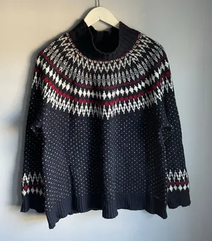 Eddie Bauer Navy Blue Wool Blend Fair Isle Mock Neck Sweater Size Extra Large XL thumbnail 1