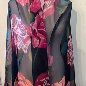 Collectioneighteen black w/pink flowers sheer scarf wrap Approx 73” long EUC thumbnail 2