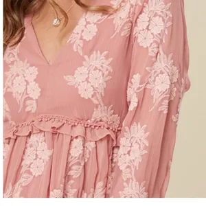 Altard State Dusty Rose Floral Embroidered Ruffle V Neck Mini Dress Long Sleeve thumbnail 12