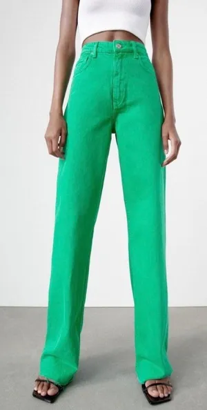 Zara Jeans Size 0 Green High‎ Rise Wide Leg Raw Hem Baggy Colored Denim Earthy thumbnail 1