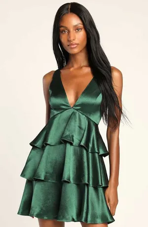 NWT Lulus Tiers of Joy Emerald Green Satin Tie- Back Tiered Mini Dress thumbnail 1