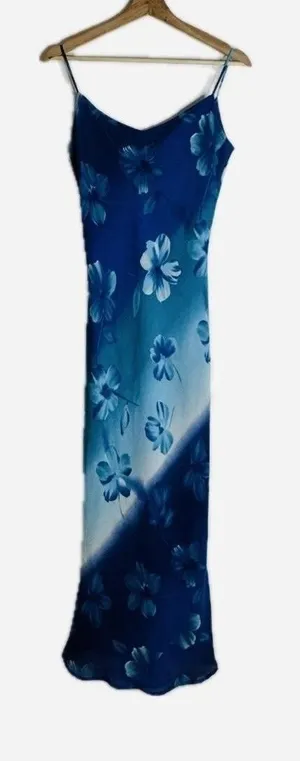 Vintage City Triangles Slip Dress Womens Small Blue Floral Maxi USA 90s dreamy thumbnail 1