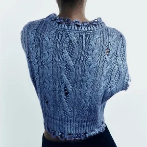 ZARA Metallic Blue Cropped‎ Sweater Cableknit Distressed Cable Knit Crop Small thumbnail 8