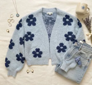 Hyfve Womens Blue Floral Fuzzy Knit Open Front Cardigan HF24F788 Small thumbnail 1