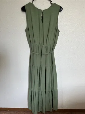 Figueroa & Flower Olive Lace Crochet Yoke Maxi Dress with Tie Waist Size M thumbnail 5