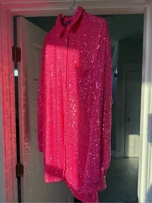 Bohoo Hot Pink Sequin Shirt Dress thumbnail 2