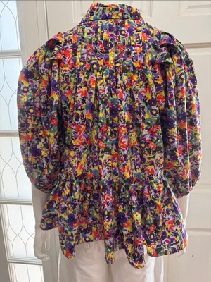 Meet me in Santorini 100% Cotton Boho Floral Peplum Blouse Multicolor SzLarge A1 thumbnail 7