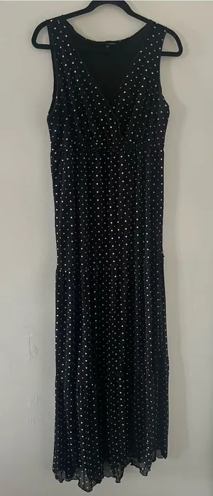 Relativity Black White Polka Dot Maxi Dress Large Sleeveless Empire Waist 90s thumbnail 1
