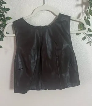 Chocolate brown Faux Leather Cropped Tank Top - Women thumbnail 1
