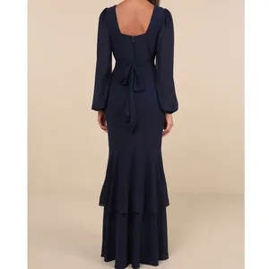 NEW Lulus Tier Elegance Navy Long Sleeve V-Neck Chiffon Tiered Maxi Dress Medium thumbnail 3