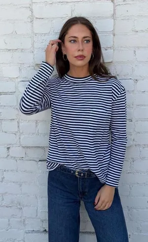 Garnet Hill white & navy striped long sleeve top Sz M 100% cotton #stripes #nautical thumbnail 1