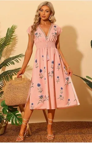 NEW Allegra K Deep V Neck Boho Floral Smocked Waist Midi Dress L thumbnail 2