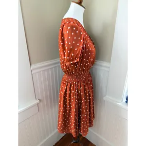 Madewell Smocked-Waist Mini Dress Polka Dots Burnt‎ Clay Puff Sleeve XS thumbnail 11