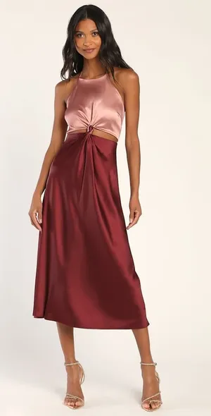 NWT Lulus Icon Update Burgundy Color Block Knotted Halter Midi Dress Wedding S thumbnail 1