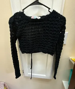 Free People FP Beach Black Open-Knit Crochet Cropped Sweater with Back Tie thumbnail 1