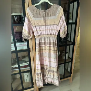 Storia Neopolitan stripes midi dress peach beige short sleeve bows elastic waist thumbnail 3