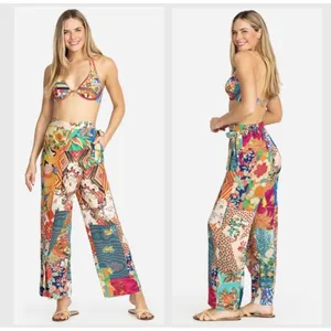 NWOT Johnny Was Soft Side Wrap Pants Womens Size L Multicolored Tropical Pull on thumbnail 2