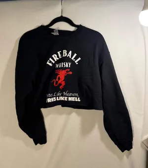 Fireball Whisky Cropped Sweatshirt Black Graphic Raw Hem Pullover Medium thumbnail 1
