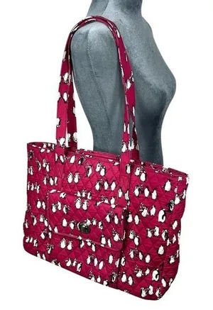 Vera Bradley‎ Quilted Playful Penguins Turnlock Tote Bag Crimson Red Retired thumbnail 1