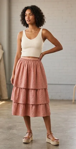 NWT lilou Oval Tweed Elastic Tiered Ruffle Pink Barbie Coquette MIDI Skirt 16 thumbnail 1