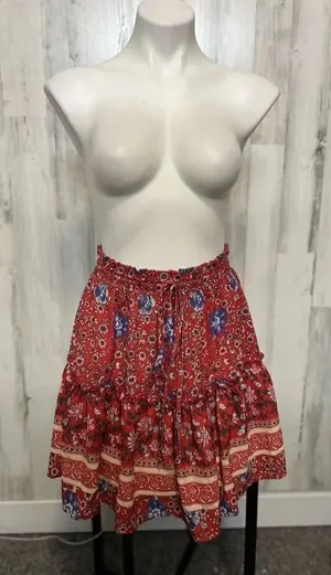 Red Boho Floral Ruffle Skirt Womens Medium Elastic Waist Tiered Mini Skirt thumbnail 1