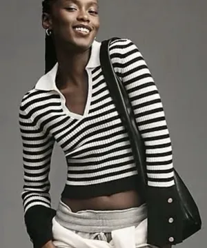 Maeve Anthropologie Collared Sweater XL Black White Striped‎ Gold Button Cuffs thumbnail 1