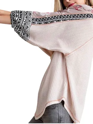 Kori Thermal Waffle Knit Mixed Print Tunic Top Blush Pink Size Large thumbnail 2