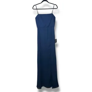 NEW Lulus Feeling Elegant Navy Blue Lace-Up Back Slit Chiffon Maxi Dress Medium thumbnail 5