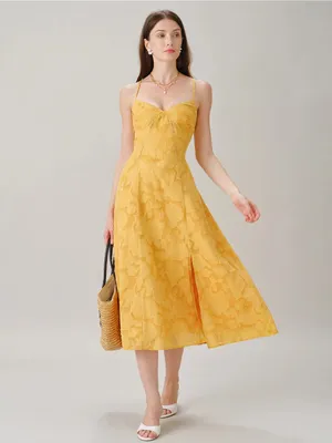 Rihoas Yellow X Cross Jacquard Slip Midi Dress thumbnail 6