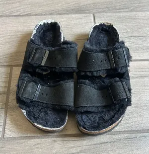 Birkenstock Black Faux Fur Double-Strap Sandals thumbnail 1