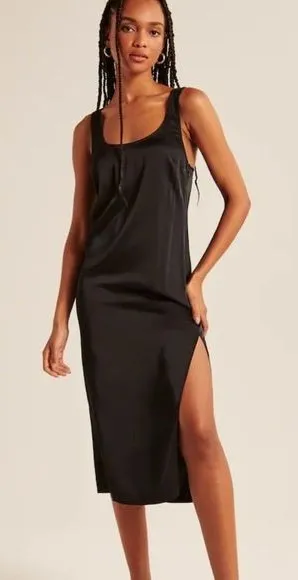 Abercrombie Black Satin Slip Midi Dress Scoop Neck Side Slit Size L thumbnail 1