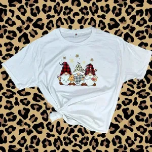 Fruit of the Loom Christmas Holiday Gnomes Plaid Leopard Print Women’s Graphic Cotton T Shirt Sz L thumbnail 3