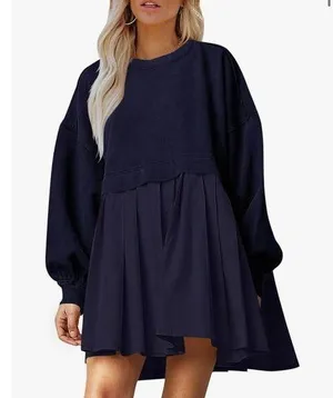NEW Crew Neck Pullover Oversized Sweatshirt Mini Dress L thumbnail 1