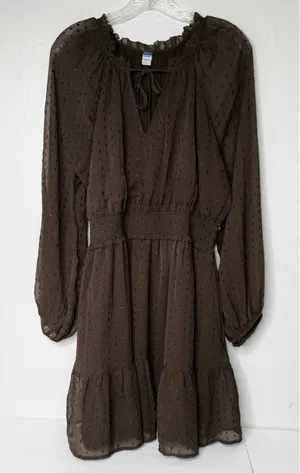 Old Navy Brown Metallic Dot Mini Dress XL Smocked Waist Chiffon Fit Flare 812952 thumbnail 1