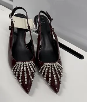 A New Day Burgundy Patent Rhinestone Slingback Pumps Pointed Toe Heels 9.5 thumbnail 1
