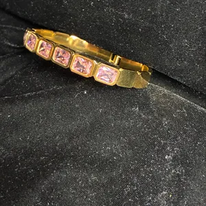 Classic Stainless Steel Zircon Bracelet in gold color with Pink stones. thumbnail 3