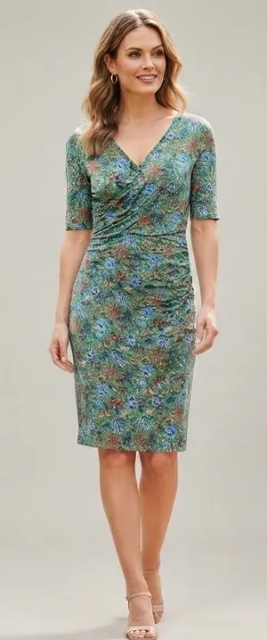 Boden Green Size-US 16R Sheath Dress Floral Tencel Lyocell Ruched Surplice thumbnail 1