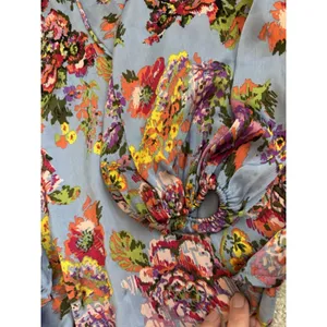 Hazel Blue Floral Blouse Women's Size‎ S Small Long Balloon Sleeve Ruffle Neck thumbnail 3