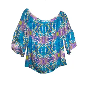 Alice & Trixie Silk Blouse Blue Purple Geometric Bell Sleeve Top Womens L thumbnail 6