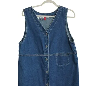 Vintage Denim Button Front Dress Size L Gold Embroidered Scalloped Trim Country thumbnail 2