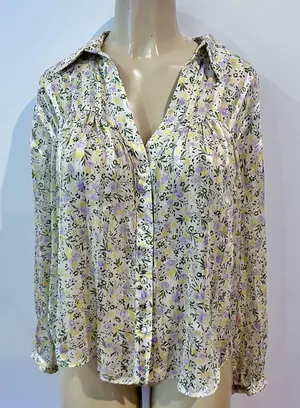 Zara Floral Blouse Sz L Loose Long Sleeve Striped Satin Chiffon thumbnail 1