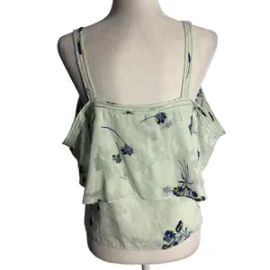 Lucky Brand Cold Shoulder Floral Blouse M Mint Green Flocked Ruffle Layers thumbnail 4