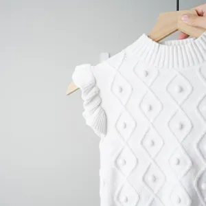 Vestique Cropped Sweater Vest Top Ruffle Cap Sleeves Pompom Jacquard Mock Neck M thumbnail 6