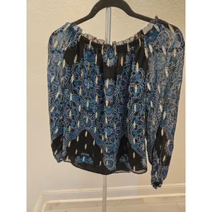 White House Black Market Womens M Blouse Royal Blue Paisley Metallic Boho thumbnail 6