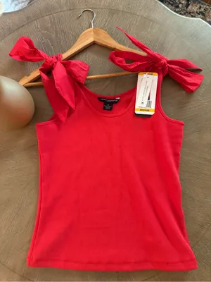 French Connection Red Tie-Shoulder Ribbed Tank Top thumbnail 1